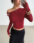 Retro Burgundy Rose Off-Shoulder T-Shirt for Women