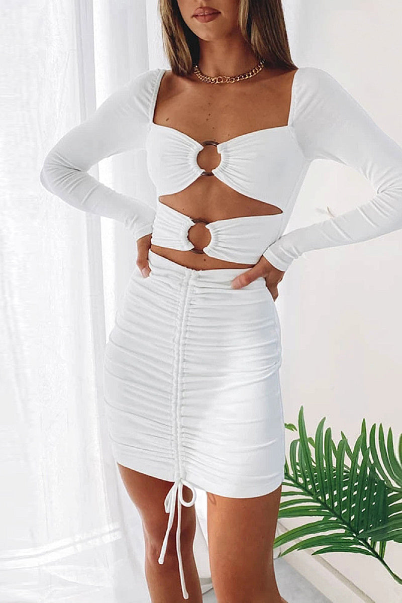 Summer Sexy Drawstring Hollow Square Neck Long Sleeve Dress