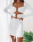 Summer Sexy Drawstring Hollow Square Neck Long Sleeve Dress