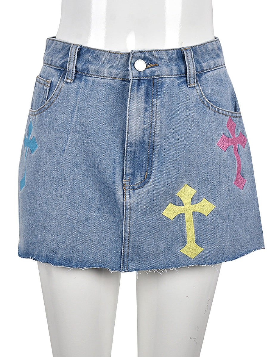 High Waist Denim Fringe Skirt with Embroidery