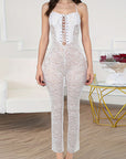 Lace Print Long Jumpsuit with Tie Detail