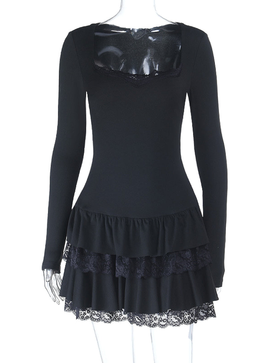 Mini Ruffled Neck Long Sleeve Dress for Women
