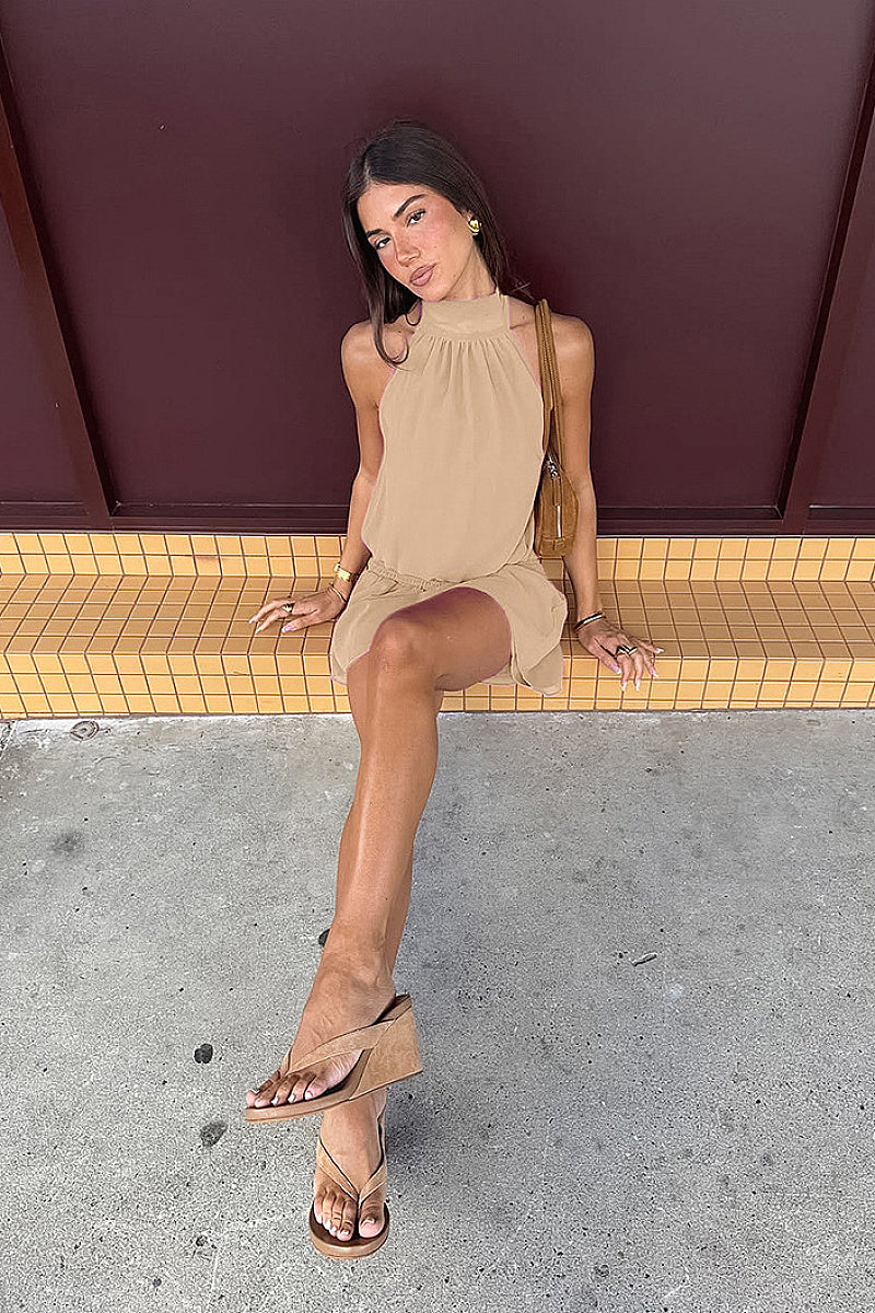 Summer Sleeveless Halter Dress in Khaki