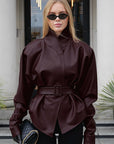 Vintage Burgundy PU Leather Jacket with Belt