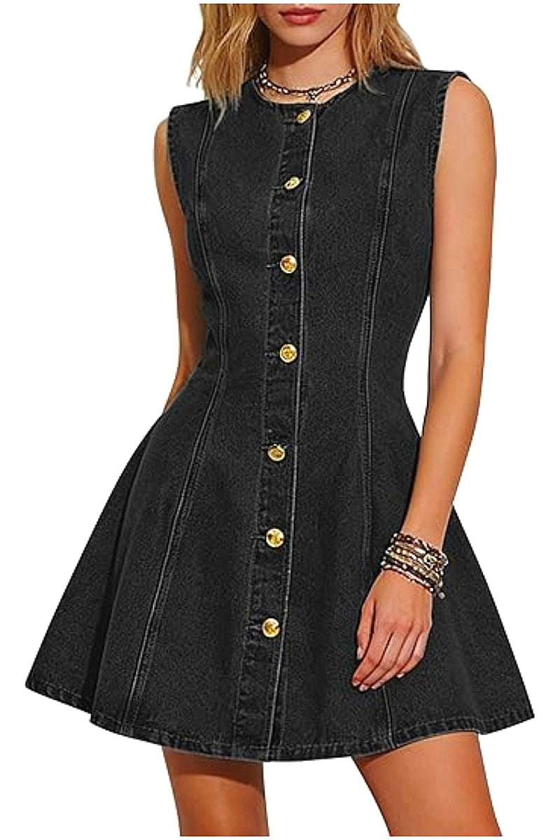 Women's Elegant Sleeveless Denim Dress with Pockets