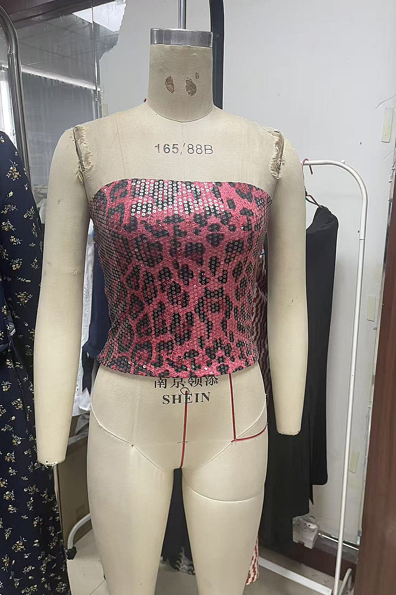 High Waist Leopard Print Sequin Crop Top