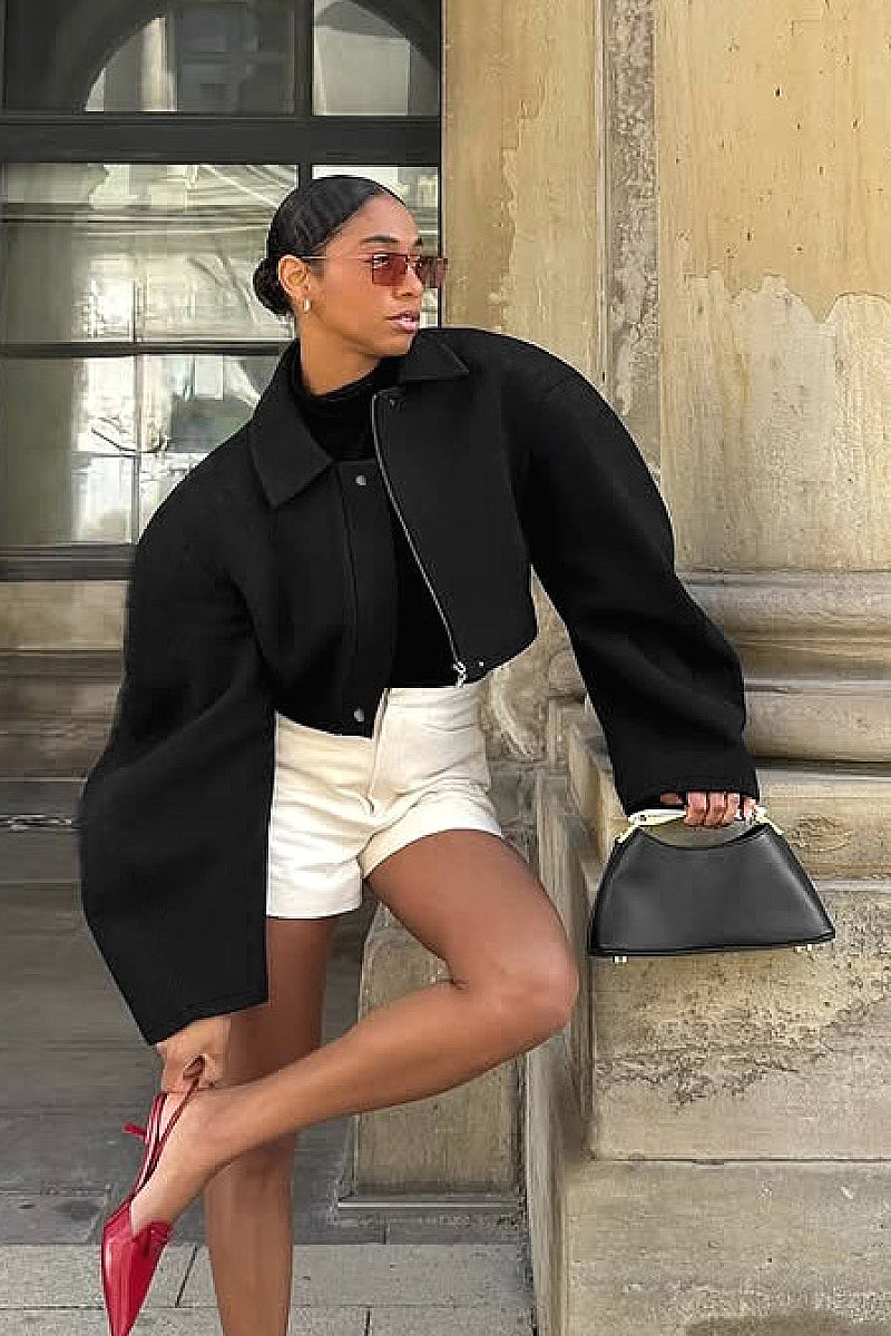 Stylish Lapel Zipper Woolen Jacket for Women