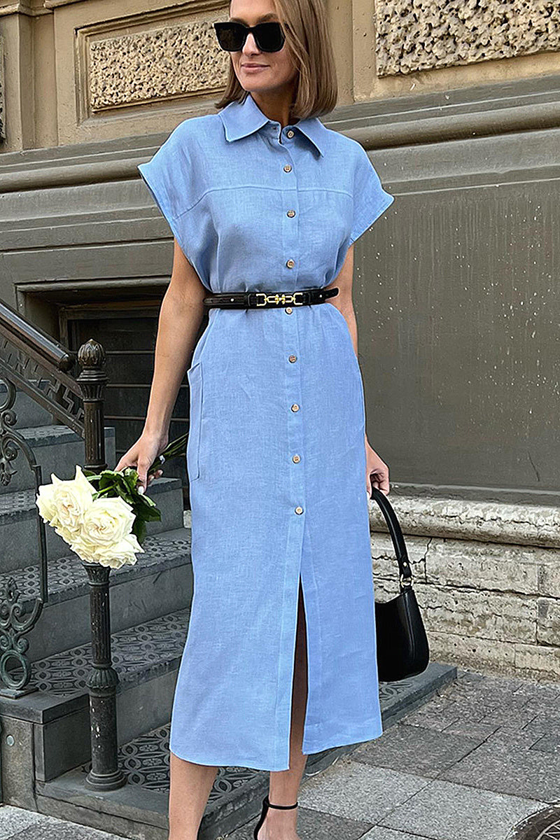 French Style High Waist Blue Cotton Linen Dress