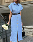French Style High Waist Blue Cotton Linen Dress