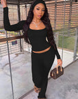 Autumn Casual Solid Color Square Neck Set