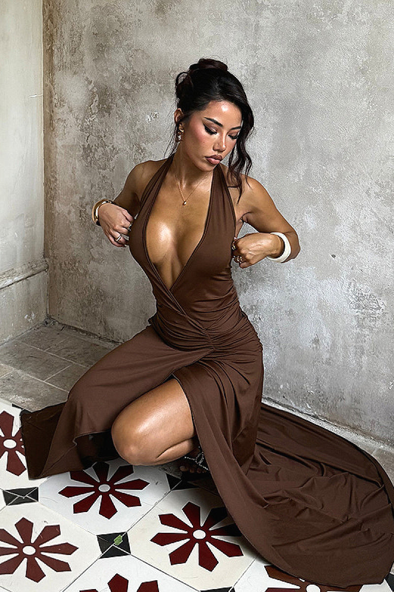 Deep V Neck Ruffle Hem A-Line Dress