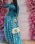 European Style Floral Print High Neck A-Line Dress