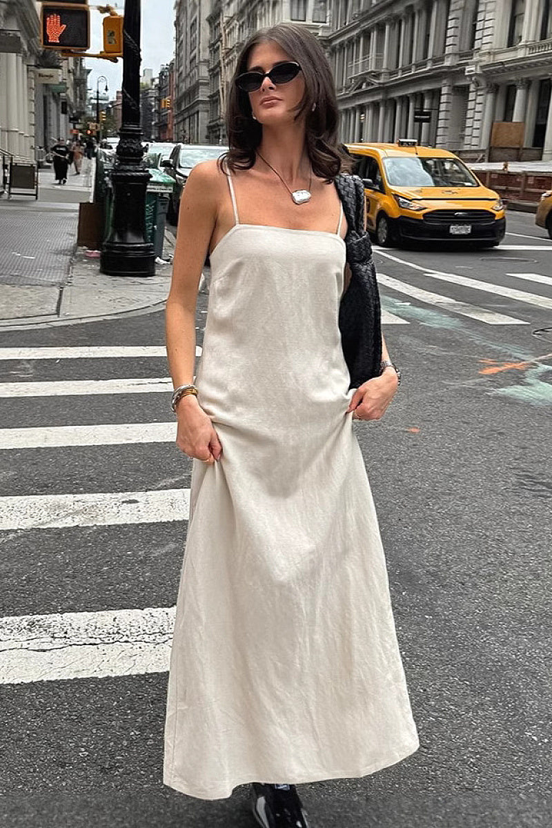 Chic Khaki Cotton Linen A-Line Dress