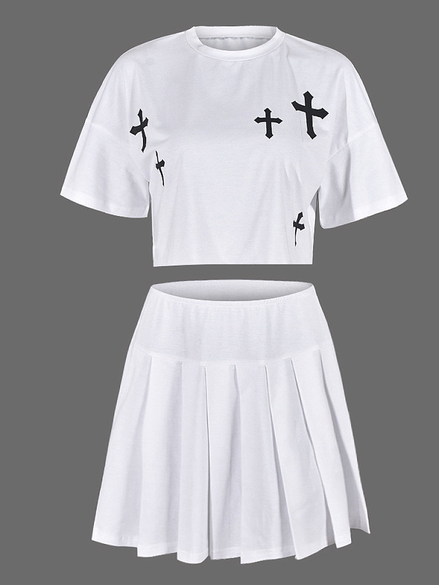 Stylish Cross Print Loose Top and Skirt Set