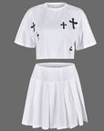 Stylish Cross Print Loose Top and Skirt Set