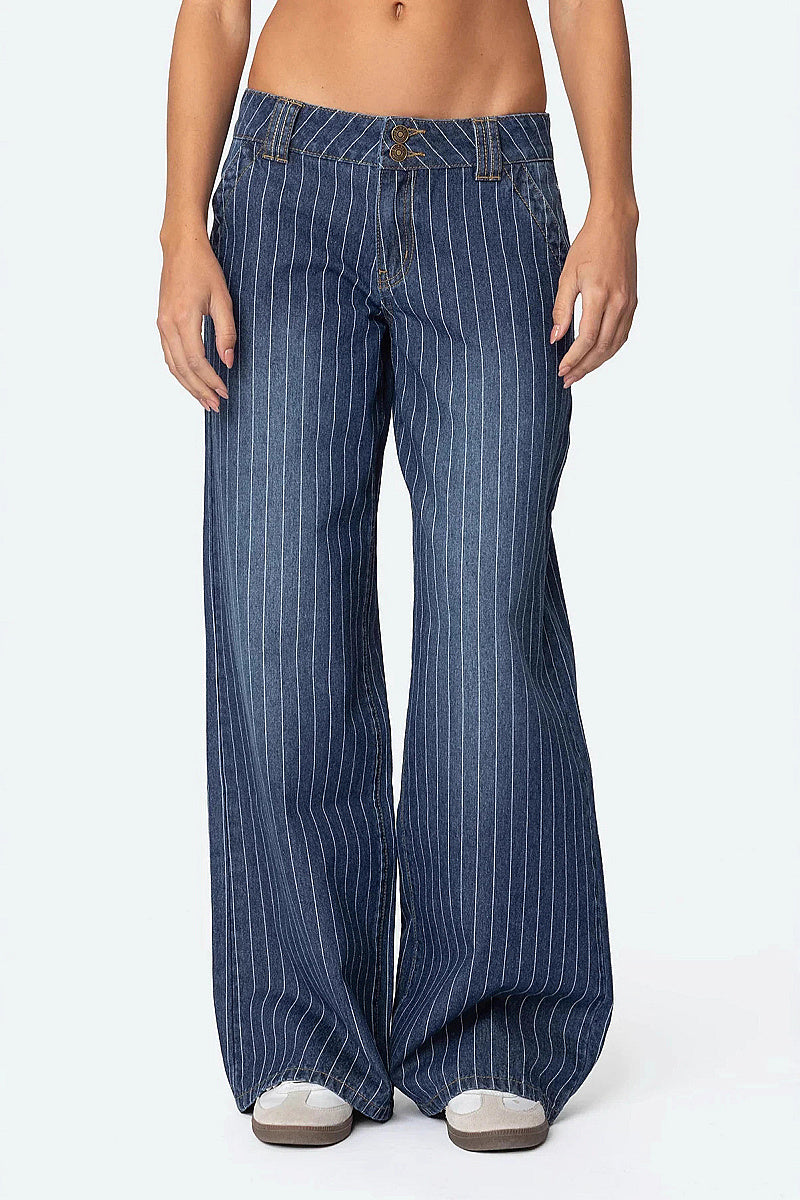 Blue Striped Loose Fit Wide Leg Jeans