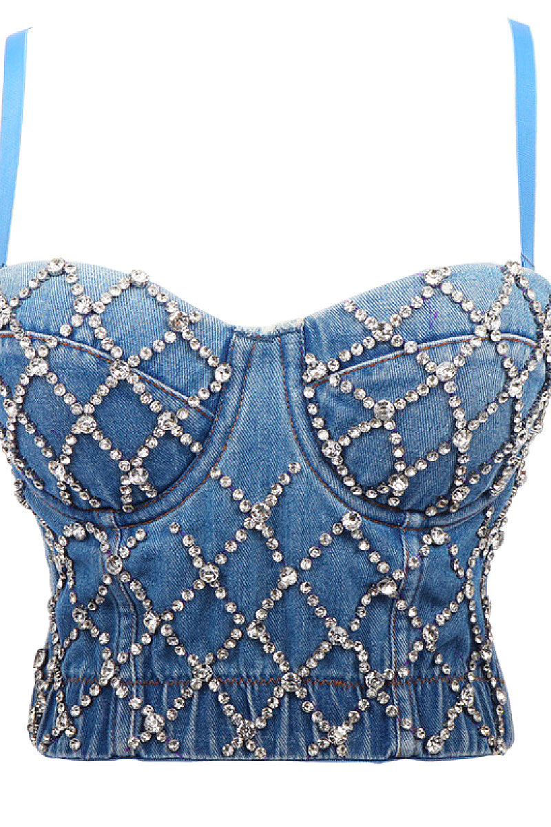 Luqiu Country Denim Beaded Strap Top