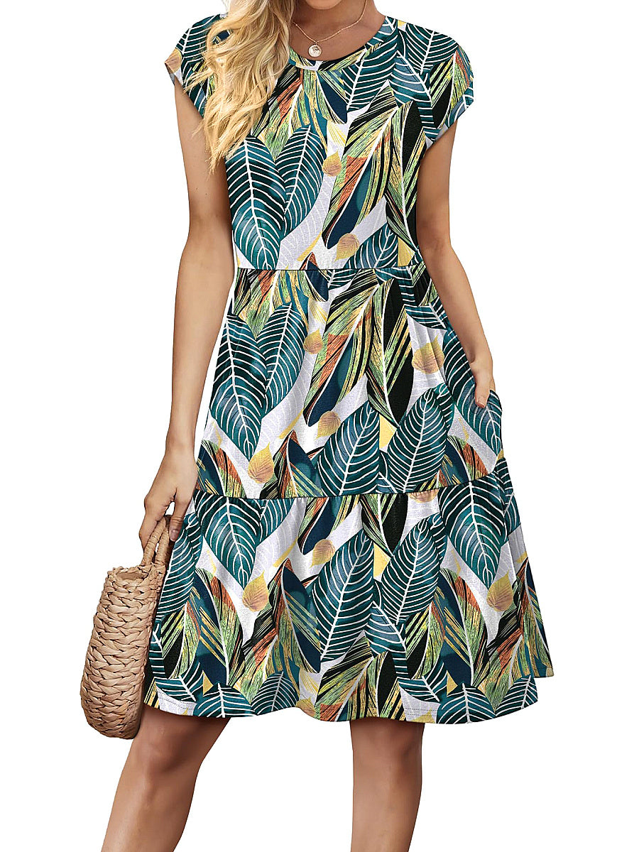 Fashionable Printed Dress with Cap Sleeves