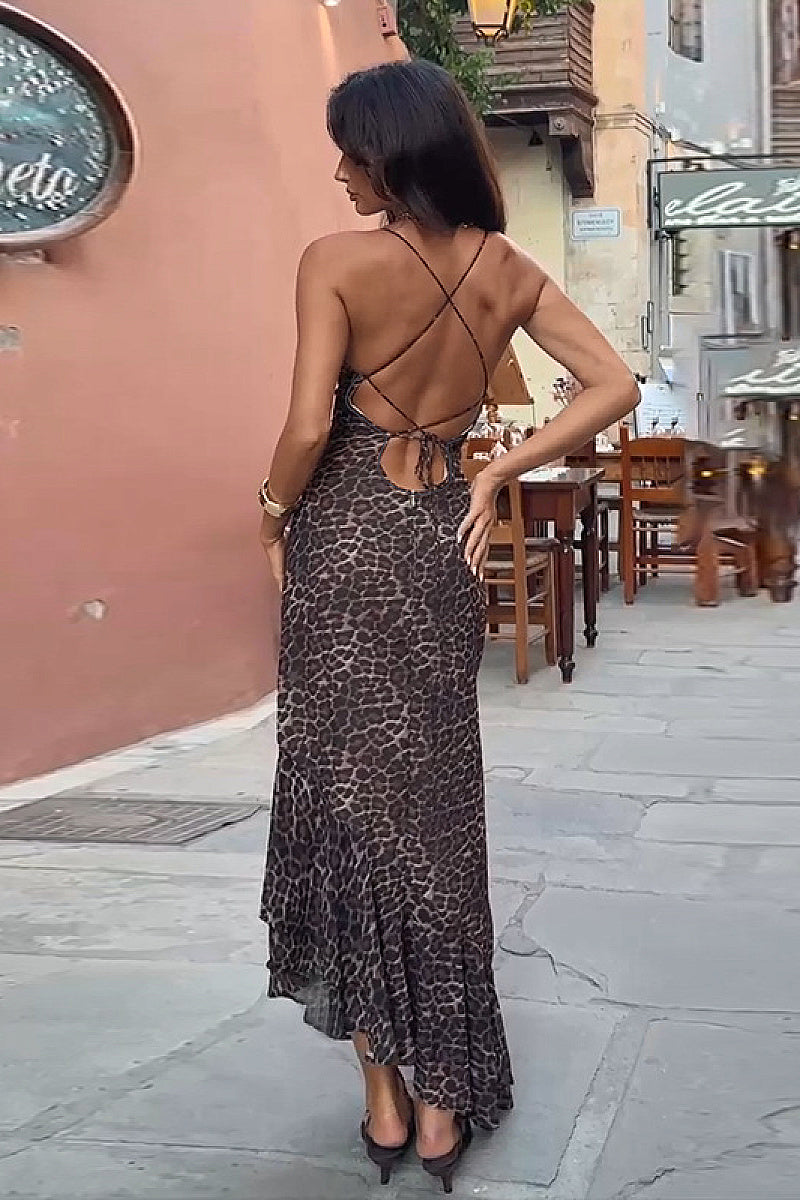 Summer Sexy Backless Leopard Print Ruffle Dress