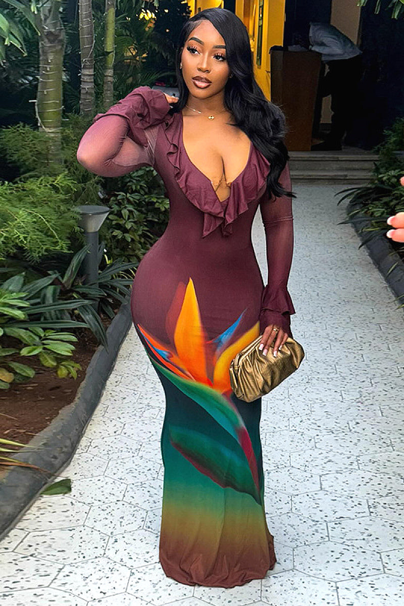 Chic V-Neck Color Block Bodycon Maxi Dress