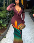 Chic V-Neck Color Block Bodycon Maxi Dress