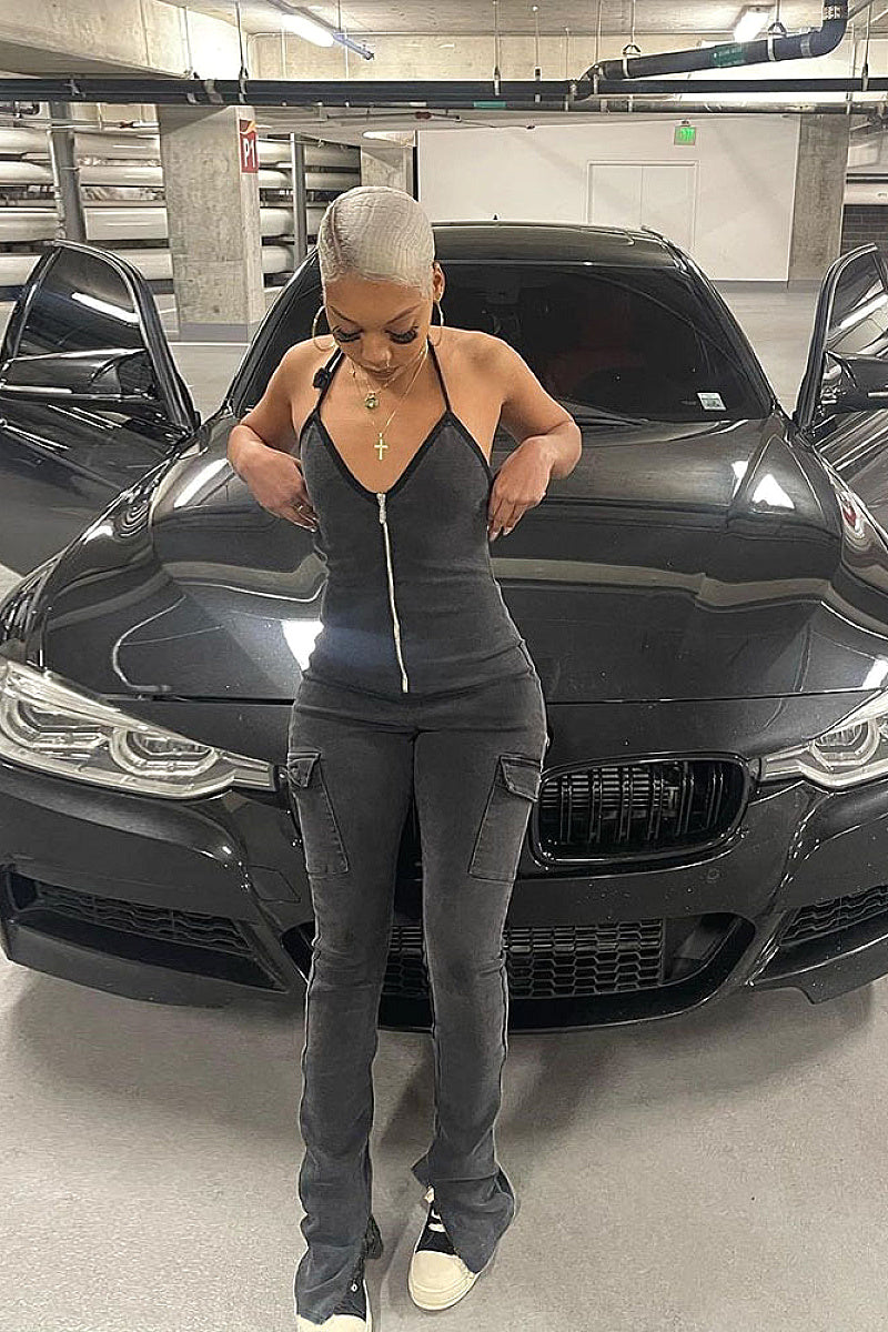 Summer Fashionable Zipper Long Denim Jumpsuit