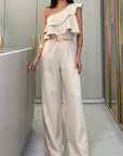 New Elegant Beige Ruffled One-Shoulder Jumpsuit