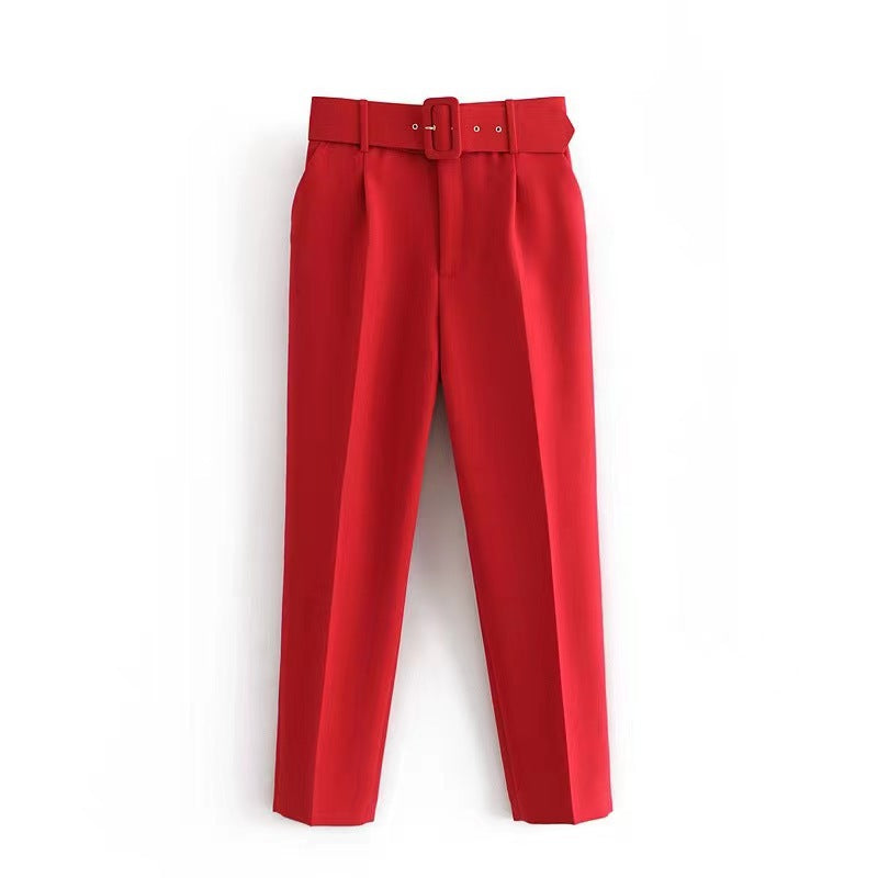 Casual High Waist Straight Leg Pants with Belt