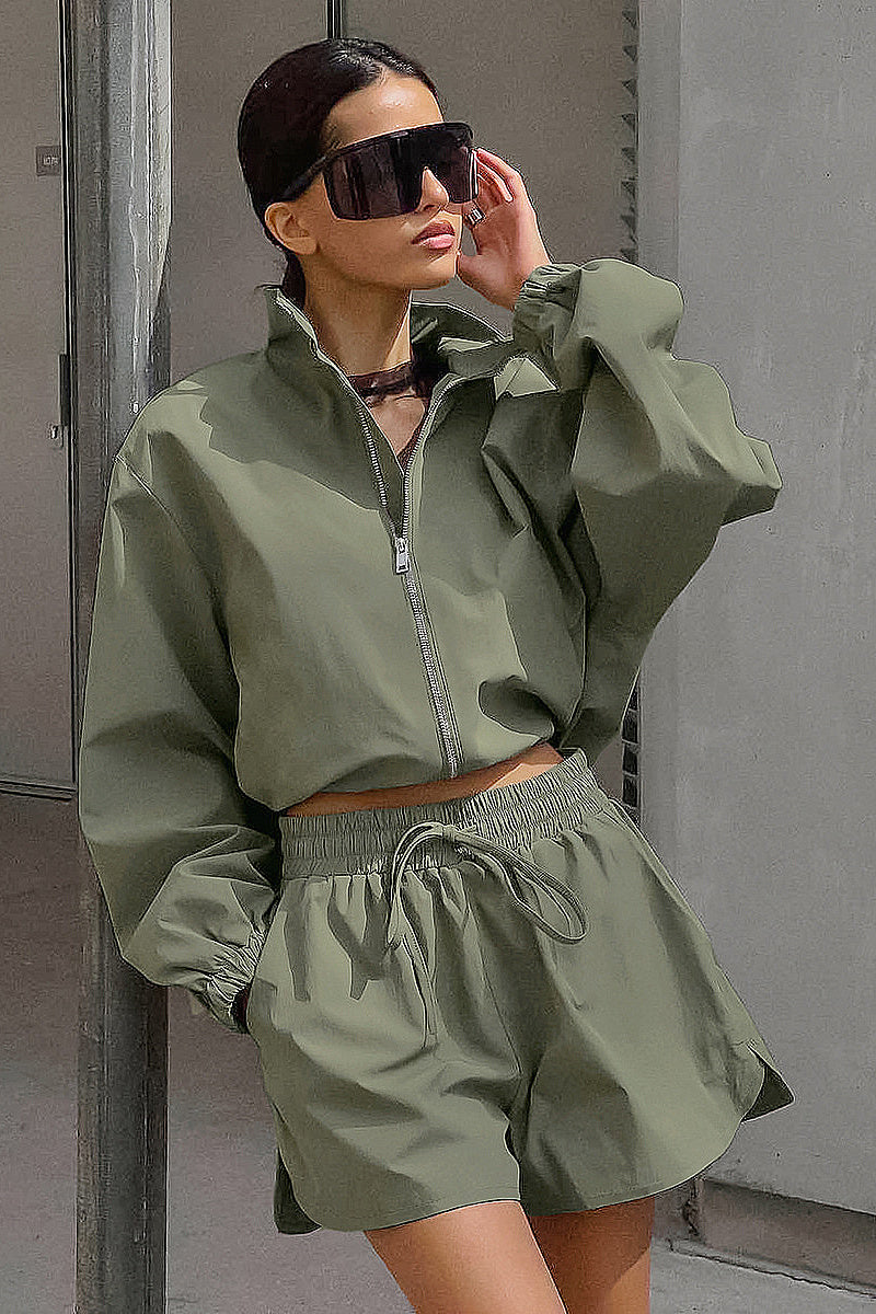 Fashionable Gray Sports Jacket and Shorts Set