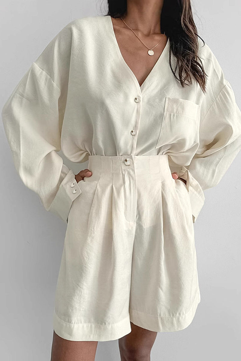 Chic Khaki V-Neck Shirt and Shorts Set