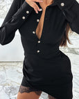 Elegant Black Lace Panel Shirt Dress