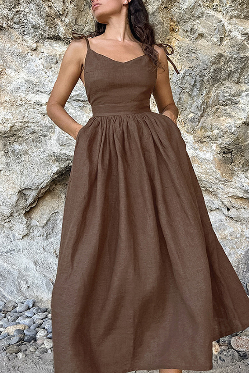 Summer Sexy Casual Khaki Cotton Linen Dress