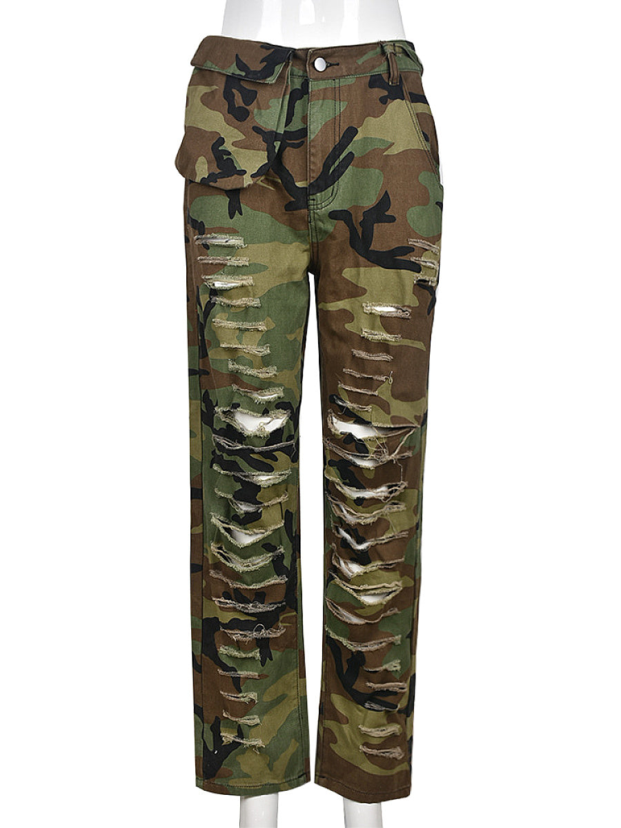 Camouflage Slim Fit Ripped Casual Pants