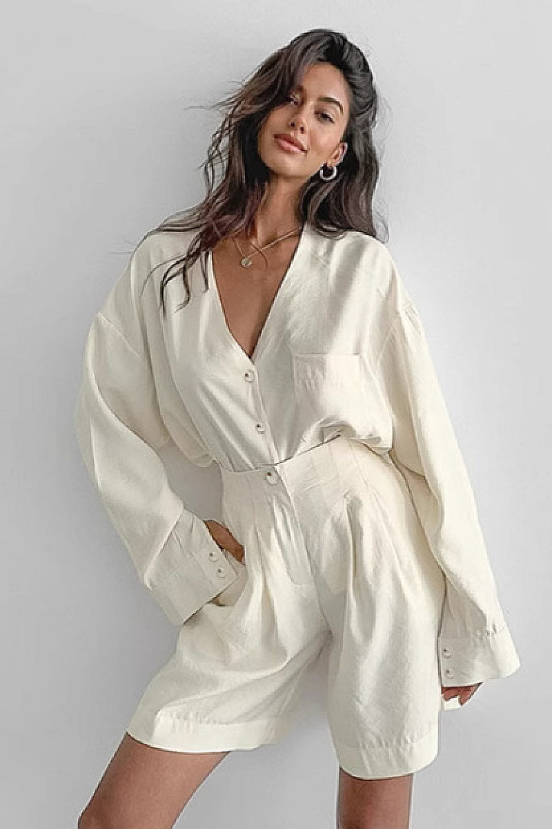 Chic Khaki V-Neck Shirt and Shorts Set