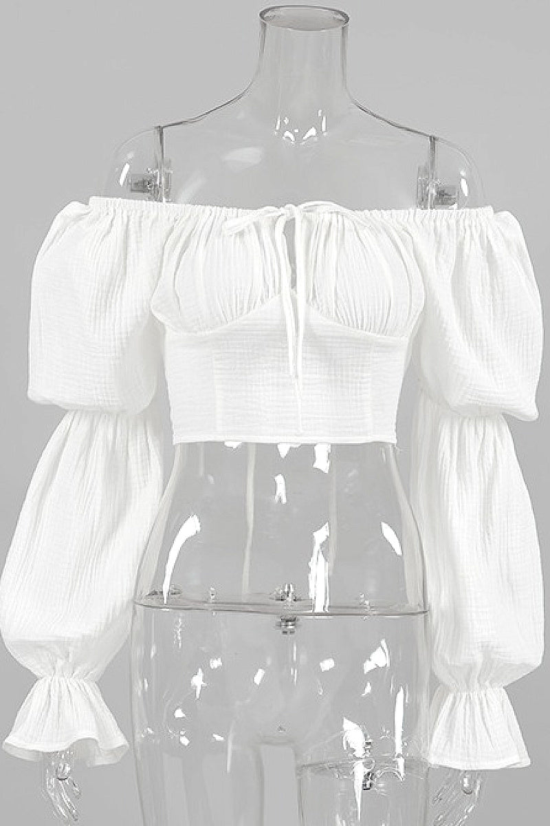 Chic Off-Shoulder Puff Sleeve Tie Long Sleeve Top