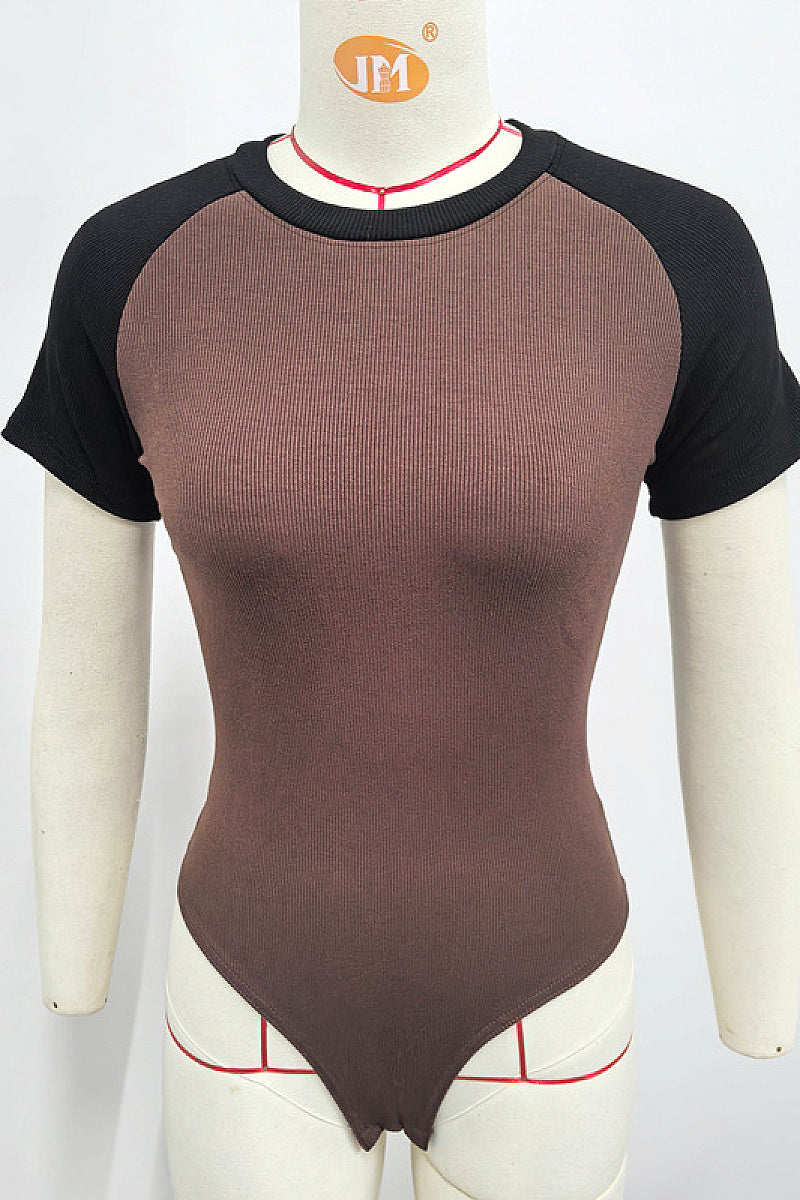 Summer Color Block Short Sleeve Bodysuit for Women