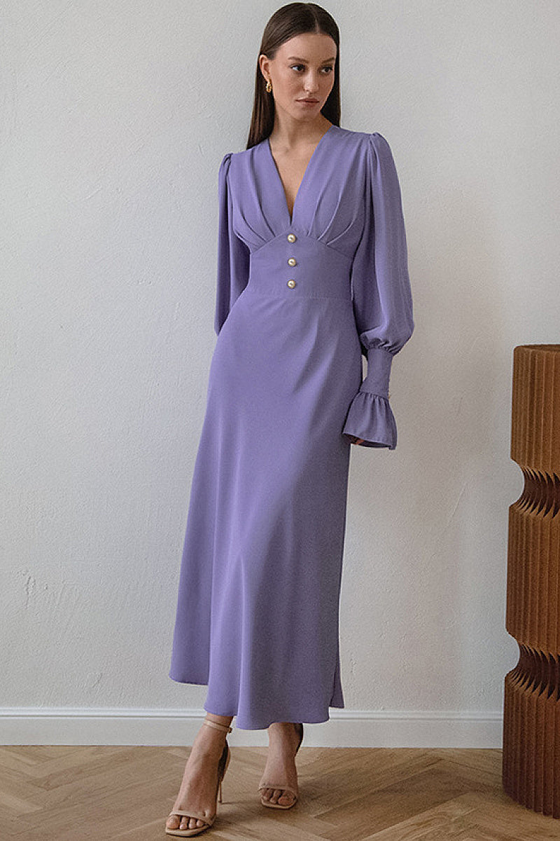 French Lantern Sleeve V-Neck Dress for Women