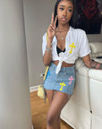 High Waist Denim Fringe Skirt with Embroidery