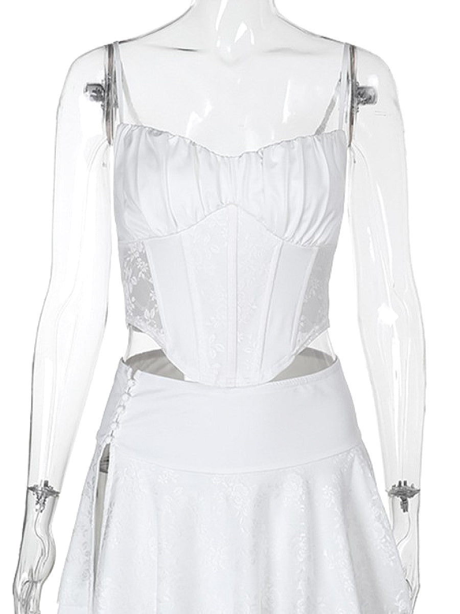 Lace Panel Waist Cinching Top and High Waist Skirt Set