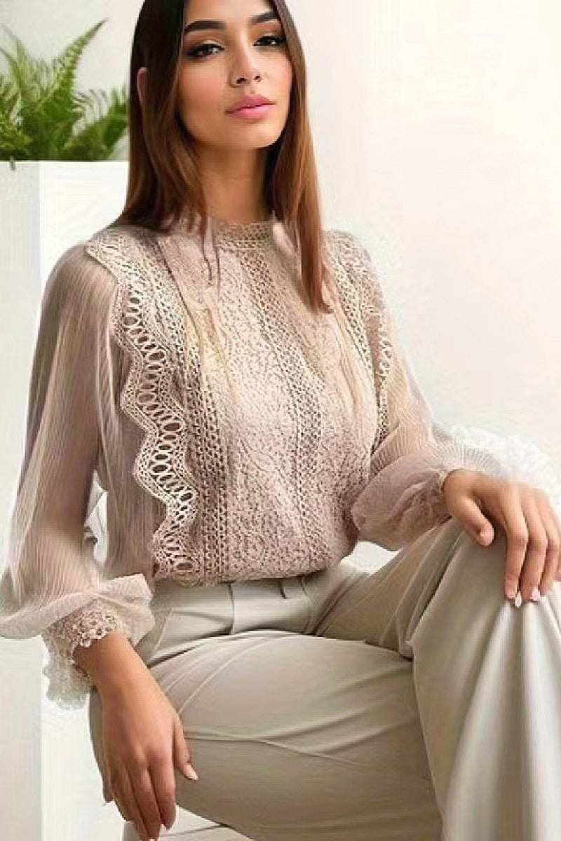 Elegant Solid Color Long Sleeve Puff Sleeve Top
