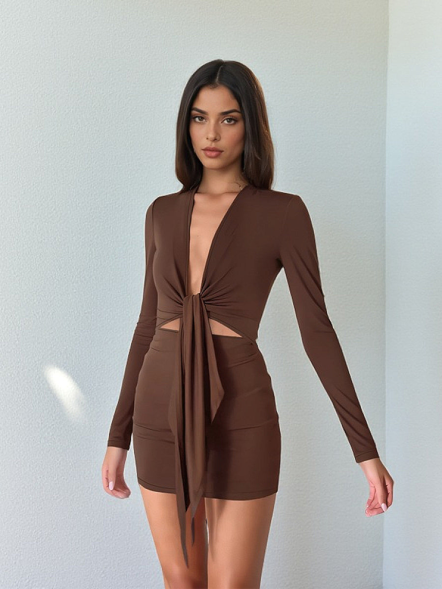 Knit Sexy Deep V Neck Long Sleeve Bodycon Dress