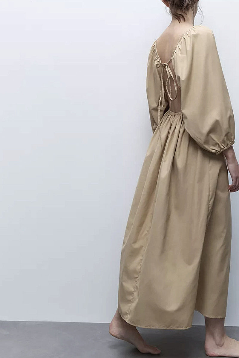 French Minimalist V-Neck Puff Sleeve Dress