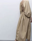 French Minimalist V-Neck Puff Sleeve Dress