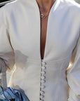 French Style Waist-Defined V-Neck Long Sleeve Coat