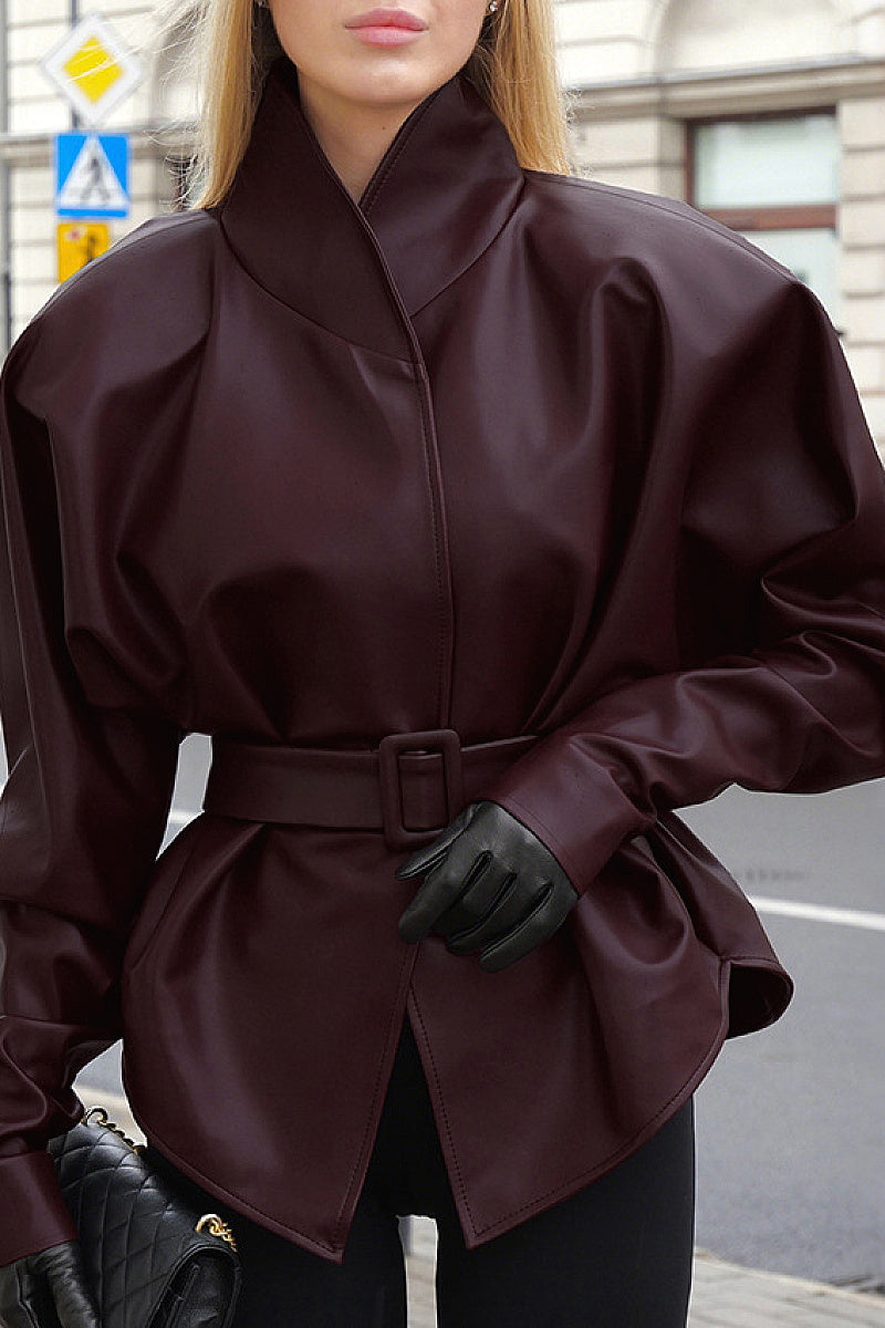 Vintage Burgundy PU Leather Jacket with Belt