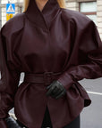 Vintage Burgundy PU Leather Jacket with Belt
