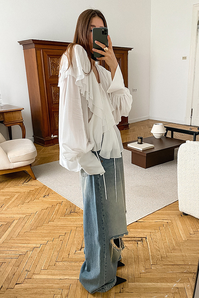 French Design Ruffled Puff Sleeve V-Neck Chiffon Cardigan