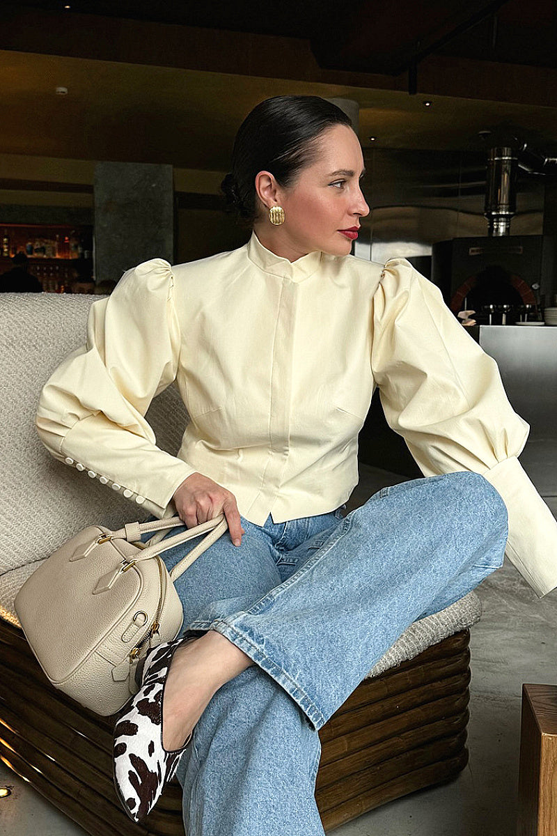 Chic Puff Sleeve Stand Collar Shirt for Autumn