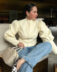 Chic Puff Sleeve Stand Collar Shirt for Autumn
