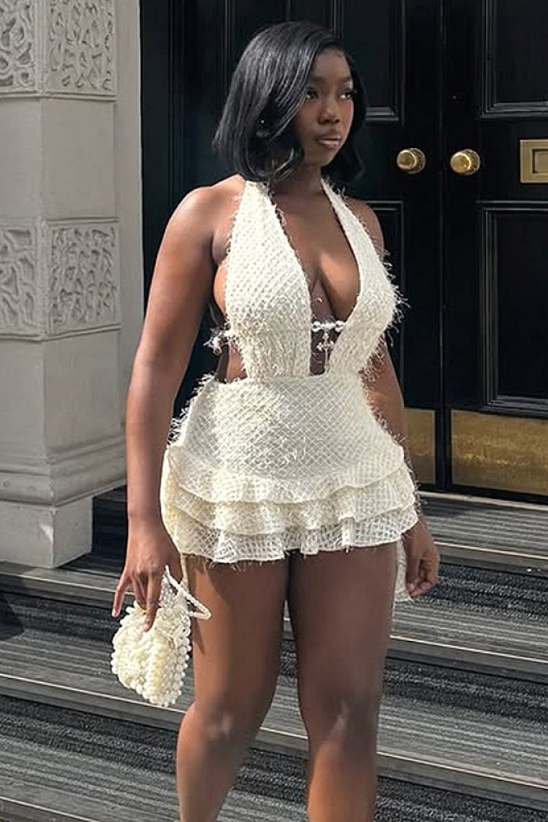 V-Neck Hollow Out Mini Dress with Tie Back
